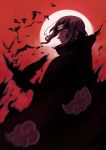  1boy absurdres bird black_cloak black_hair black_headband cloak commentary cowboy_shot crow dhashinn expressionless facial_mark forehead_protector from_side frown headband highres male_focus motion_blur naruto_(series) naruto_shippuuden red_background red_eyes sharingan sideways_glance solo uchiha_itachi 
