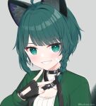  1girl ahoge animal_ear_fluff animal_ears bandaid bandaid_on_cheek bandaid_on_face black_gloves blush braid breasts cleavage cleavage_cutout clothing_cutout commentary_request fingerless_gloves gloves green_eyes green_hair green_jacket grey_background grin hand_up jacket kinakon long_sleeves looking_at_viewer original puffy_long_sleeves puffy_sleeves simple_background small_breasts smile solo twitter_username upper_body v 