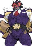  1boy adversarial_noise artist_name bara belt championship_belt coat commentary_request hands_on_own_hips highres looking_at_viewer masked nakajimana_(pokemon) pants pokemon pokemon_champions purple_coat purple_pants purple_vest shirako_(kirupi) shirt signature smile twitter_username vest white_background white_shirt 