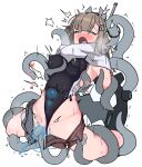  1girl absurdres black_one-piece_swimsuit blue_hair blush brown_hair clothing_aside commentary_request deep_penetration enemy_naval_mine_(kancolle) grabbing_another's_breast groping headgear highleg highleg_one-piece_swimsuit highres kantai_collection katakoto_tktk lactation lactation_through_clothes one-piece_swimsuit open_mouth restrained skirt stomach_bulge super_highleg swimsuit swimsuit_aside tentacle_sex tentacles tentacles_under_clothes two-tone_one-piece_swimsuit unbuttoned vaginal wahoo_(kancolle) white_background 