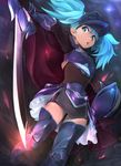  armor blue_eyes blue_hair breastplate cape frilled_skirt frills greaves nanjin open_mouth original shield skirt solo sword thighhighs twintails visor_(armor) warrior weapon zettai_ryouiki 