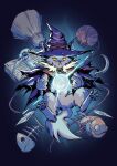  absurdres book broom cape cat colored_sclera commentary dhashinn english_commentary feathers fish fish_skeleton hat helmet highres no_humans open_book orb original purple_cape purple_hat sickle signature witch_hat yarn yarn_ball yellow_sclera 