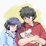  1boy 2girls baby baby_bottle black_eyes blue_hair blue_shirt bottle carrying carrying_baby carrying_person closed_eyes closed_mouth commentary_request crossed_arms grabbing_another's_hair highres holding holding_another's_hair holding_bottle hood hoodie leaning_on_person multiple_girls onesie open_mouth pale_skin ranma_1/2 red_hoodie saotome_ranma shirt smile split_mouth takotakoagare85 tendou_akane upper_body yellow_background 