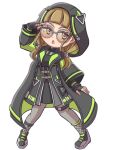  1girl black_coat black_gloves black_shirt black_shoes black_skirt blunt_bangs brown_hair coat collared_shirt commentary_request fingerless_gloves full_body ganbarai glasses gloves grey-framed_eyewear grey_pantyhose high-waist_skirt hood hood_up hooded_coat i_my_mayday kachimachi_kosuzu legs_apart link!_like!_love_live! long_sleeves love_live! low_twintails miniskirt open_clothes open_coat pantyhose pink_eyes round_eyewear shirt shoes short_twintails sidelocks simple_background skirt solo twintails virtual_youtuber white_background 