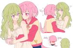  2girls animal_ears blush commentary cup dog_ears dog_girl dog_tail dress english_text green_hair highres holding holding_cup hood hoodie hug hug_from_behind kemonomimi_mode kusanagi_nene long_hair multiple_girls ootori_emu parted_lips pink_eyes pink_hair pink_hoodie project_sekai purple_eyes short_hair simple_background smile sweat tail the_coconutnut two-tone_hoodie untranslatable_commentary white_background white_dress yellow_hoodie yuri 