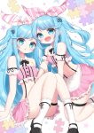  2girls :d absurdres apron artist_collaboration artist_request bare_shoulders bemani black_shoes blue_eyes blue_hair blush breasts collar commentary_request convenient_leg detached_collar fang frilled_apron frilled_skirt frilled_socks frills hair_ribbon hairband highres jigsaw_puzzle kinakon knees_together_feet_apart knees_up long_hair looking_at_viewer multiple_girls navel near_(sound_voltex) noah_(sound_voltex) one_side_up parted_lips pink_ribbon pink_skirt pleated_skirt puzzle ribbon shoes siblings sisters skirt small_breasts smile socks sound_voltex star_(symbol) very_long_hair waist_apron white_apron white_background white_collar white_hairband white_ribbon white_socks wing_collar 