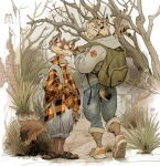 2025 anthro backpack backsack balls blue_backpack bottomwear brick_wall brown_tail canid canine canine_teeth canis chin_tuft claws clothed clothed_anthro clothed_male clothing coyote denim denim_bottomwear denim_clothing duo ear_piercing facial_tuft felid feline fluffy fluffy_tail footwear forest fully_clothed fully_clothed_anthro fully_clothed_male fur genitals green_backpack grey_clothing grey_hoodie grey_topwear head_tuft hi_res hoodie inner_ear_fluff jeans looking_at_viewer looking_back looking_back_at_viewer lynx male male_anthro mammal markings multicolored_tail orange_clothing orange_shirt orange_topwear outside pants pattern_clothing pattern_shirt pattern_topwear piercing plaid plaid_clothing plaid_shirt plaid_topwear plant sandals shirt shoes size_difference slim_male sneakers spots spotted_body spotted_fur tail toe_claws topwear tree tuft wall_(structure) whiskers yellow_clothing yellow_eyes yellow_footwear yellow_shoes zunkee