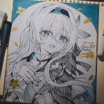  1girl :d absurdres aqua_background art_tools_in_frame artist_name blush border bright_pupils comiket_107 commentary_request dated drawn_flower falling_petals firefly_(honkai:_star_rail) greyscale_with_colored_background hair_intakes hair_ribbon hairband hand_on_own_chest hatching_(texture) highres honkai:_star_rail honkai_(series) jacket layered_sleeves linear_hatching long_sleeves looking_at_viewer marker_(medium) neckerchief one_side_up pen_(medium) petals photo_(medium) portrait ribbon round_border shikishi short-sleeved_jacket short_over_long_sleeves short_sleeves simple_background smile solo spot_color traditional_media twitter_username wire_binding yoake_(yoakey) 