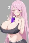  black_pants black_sports_bra blue_archive blush breasts can cleavage commentary_request drink_can drinking_straw eimi_(armed)_(blue_archive) eimi_(blue_archive) heart highres huge_breasts kuro_hopper long_hair looking_at_viewer navel pants pink_eyes pink_hair smile soda_can sports_bra swept_bangs three-finger_salute v 