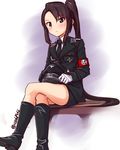 a9b_(louis814) alternate_costume armband blush brown_eyes brown_hair crossed_legs hat hat_removed headwear_removed highres iron_cross kantai_collection long_hair looking_at_viewer military military_uniform nachi_(kantai_collection) nazi peaked_cap ponytail pun sitting skirt solo totenkopf twitter_username uniform very_long_hair 