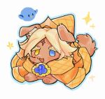  animalization bird blonde_hair blue_outline cape colored_eyelashes commentary_request cookie_run cookie_run:_kingdom dog happy heterochromia highres open_mouth outline pani_5750 pure_vanilla_cookie running sparkle 