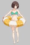  bare_legs bare_shoulders barefoot bikini blush bob_cut brown_eyes brown_hair full_body green_bikini grey_background highres imigimuru innertube kono_bijutsubu_niwa_mondai_ga_aru! navel official_art scrunchie short_hair simple_background solo swimsuit usami_mizuki wristband 