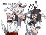 2girls anger_vein angry animal_ear_fluff animal_ears arm_up bare_shoulders biting biting_arm black_bow black_bowtie black_gloves black_hair blood bow bowtie clenched_hand collared_shirt commentary_request detached_sleeves fingerless_gloves fingernails fuuga_(perv_rsity) gloves grabbing_another's_arm hair_between_eyes hand_up hands_up hat inubashiri_momiji japanese_clothes long_sleeves looking_at_another looking_down multiple_girls open_mouth pom_pom_(clothes) puffy_short_sleeves puffy_sleeves red_eyes red_hat red_skirt scared shaded_face shameimaru_aya shirt short_hair short_sleeves simple_background single_glove skirt standing sweat tail tokin_hat touhou v-shaped_eyebrows white_background white_hair white_shirt wide_sleeves wolf_ears wolf_girl wolf_tail 