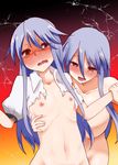  arm_grab blue_hair blush breasts collarbone dual_persona gradient gradient_background hair_between_eyes heart heart-shaped_pupils highres hinanawi_tenshi huge_breasts leaning_on_person long_hair multiple_girls navel nipples nude red_eyes ribs shirt skinny small_breasts stomach symbol-shaped_pupils takorice torn_clothes torn_shirt touhou wavy_mouth yuri 