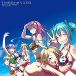  5girls album_cover alternate_costume aqua_hair arm_up ass bikini_pull blonde_hair blue_eyes blush breasts cleavage closed_eyes collarbone cover covering_face eyewear_on_head fingernails fingers frills full-face_blush green_eyes green_hair grin gumi hair_ribbon hairband hands hatsune_miku highres hug kagamine_len kagamine_rin long_hair medium_breasts megurine_luka multiple_girls nail_polish navel o-ring o-ring_bikini one_eye_closed open_mouth peeking_through_fingers pink_hair pulled_by_another purple_eyes purple_hair recycling_symbol ribbon ribs short_hair sky small_breasts smile sunglasses twintails v vocaloid voiceroid waving wokada yuzuki_yukari 