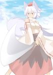  :&lt; animal_ears bare_shoulders breasts detached_sleeves hat highres inubashiri_momiji medium_breasts midriff piza_poteto red_eyes short_hair silver_hair sky solo sword tail tokin_hat touhou weapon wolf_ears wolf_tail 
