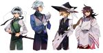  4boys adjusting_clothes adjusting_gloves apron armor bishounen black_hat black_headband black_necktie black_pants black_vest blonde_hair blue_eyes blue_hair blue_shirt bow braid broom brown_eyes brown_hair butler closed_mouth collared_shirt commentary_request cropped_legs cross_tie fuuga_(perv_rsity) genderswap genderswap_(ftm) gloves green_pants green_vest grey_hair grey_vest hair_between_eyes hair_ribbon hakurei_reimu hand_in_pocket hat hat_bow headband highres hitodama holding holding_broom holding_sword holding_weapon izayoi_sakuya japanese_armor japanese_clothes kariginu kimono kirisame_marisa konpaku_youmu konpaku_youmu_(ghost) long_hair looking_at_viewer male_focus multiple_boys necktie pants parted_lips playable_command_(touhou) profile red_kimono ribbon ribbon-trimmed_sleeves ribbon_trim sheath sheathed shirt short_hair side_braid smile straight_hair sword touhou tress_ribbon vest waist_apron weapon white_gloves white_shirt witch_hat yellow_eyes 