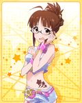  akizuki_ritsuko alternate_costume antenna_hair arms_up artist_request bare_shoulders blush brown_eyes brown_hair card_(medium) covering covering_breasts embarrassed folded_ponytail glasses hair_bun hand_on_own_cheek idolmaster idolmaster_(classic) idolmaster_million_live! looking_at_viewer midriff million_dreams official_art open_mouth short_shorts shorts solo 