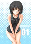  amagami black_hair brown_eyes competition_swimsuit goggles goggles_around_neck hands_together ishihara_souka nanasaki_ai one-piece_swimsuit polka_dot polka_dot_background short_hair solo swimsuit 