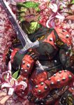 2023 anthro argonian armor belt bethesda_game_studios blood bodily_fluids bodypaint clothing duo face_paint facial_scar flower gloves green_body green_scales gunka handwear hi_res holding_flower holding_melee_weapon holding_object holding_sword holding_weapon horn leather leather_armor looking_at_viewer male melee_weapon microsoft muscular plant scales scalie scar skyrim smile sword the_dark_brotherhood_(the_elder_scrolls) the_elder_scrolls torn_clothing veezara weapon wounded yellow_eyes