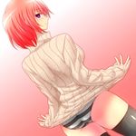  1girl ass blush breasts female from_behind huge_breasts looking_back open_mouth original panties parted_lips purple_eyes red_hair short_hair sideboob solo striped striped_panties sweater thighhighs turtleneck underwear watarui 