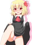  ascot blonde_hair blush bow dress dress_lift embarrassed fang hair_bow panties pantyshot pink_panties red_eyes rumia solo sweat touhou underwear yakumo_nanahara 