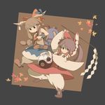  ascot bow brown_hair chain detached_sleeves gohei gourd hair_bow hair_tubes hakurei_reimu horn_ribbon horns ibuki_suika koukou_(climacool) leaf long_hair maple_leaf multiple_girls orange_hair ribbon touhou yin_yang 