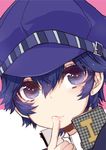  bad_id bad_pixiv_id blue_eyes blue_hair cabbie_hat finger_to_mouth fingernails grey_eyes hat houndstooth jpeg_artifacts looking_at_viewer persona persona_4 sayu030b shirogane_naoto short_hair solo unmoving_pattern 