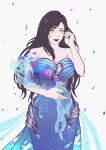  1girl absurdres alternate_costume alternate_hairstyle bare_shoulders black_hair blue_dress blue_flower blue_nails blue_petals blush breasts cleavage closed_eyes commentary dress english_commentary falling_petals feet_out_of_frame final_fantasy final_fantasy_vii final_fantasy_vii_rebirth final_fantasy_vii_remake flower grey_background hair_ornament highres holding holding_trophy large_breasts long_hair parted_lips petals purple_flower red_lips solo strapless strapless_dress tifa_lockhart trophy voaleine 
