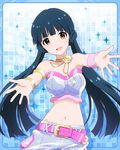  :d armlet artist_request blue_hair bracelet brown_eyes bustier idolmaster idolmaster_million_live! jewelry kitakami_reika long_hair looking_at_viewer midriff million_dreams navel necklace official_art open_mouth outstretched_arms smile twintails 