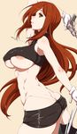  areola_slip areolae arm_up ass breasts brown_eyes brown_hair clearite crop_top cross cross_necklace fingerless_gloves gloves gun handgun highres jewelry large_breasts long_hair microskirt necklace parasoul_(skullgirls) pistol profile skirt skullgirls solo toned umbrella weapon white_gloves 