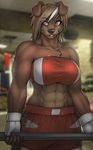  2014 abs amber_eyes anthro brown_fur canine clothing dog female fingerless_gloves fur gloves kath_(dregan) mammal muscles muscular_female rope shorts smile solo sports_bra strype 