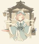  architecture bug butterfly east_asian_architecture fan folding_fan hat insect japanese_clothes koukou_(climacool) paper_fan pink_hair ribbon saigyouji_yuyuko smile solo touhou triangular_headpiece 