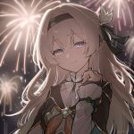  1girl aerial_fireworks backlighting black_gloves black_jacket breasts bridal_gauntlets commentary_request dress fingerless_gloves firefly_(honkai:_star_rail) fireworks gloves grey_hair hair_ornament halterneck headband highres honkai:_star_rail honkai_(series) jacket long_hair looking_at_viewer medium_breasts multicolored_eyes neckerchief portrait smile xeitlfrycz64403 