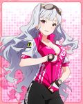  bike_jersey bike_shorts breasts cleavage eyewear_on_head fingerless_gloves gloves idolmaster idolmaster_(classic) idolmaster_million_live! kouno_megumi long_hair looking_at_viewer medium_breasts official_art pink_background pink_eyes shijou_takane silver_hair sunglasses zipper 