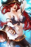  allison_chan banned_artist breasts cleavage gun hair_over_one_eye hat large_breasts league_of_legends lips long_hair midriff pirate red_hair sarah_fortune solo weapon 