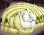  big_breasts black_sclera blonde_hair breasts female green_nipples green_skin hair huge_breasts hypnagogum navel nipples obese overweight purple_eyes solo 