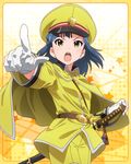  :o artist_request belt cape gloves hat idolmaster idolmaster_million_live! long_hair military military_hat military_uniform nanao_yuriko official_art open_mouth peaked_cap sword uniform v-shaped_eyebrows weapon yellow_background yellow_eyes 