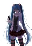  blue_eyes blue_hair digital_media_player glasses hatsune_miku headphones highres jewelry kocchi_muite_baby_(vocaloid) long_hair natural_(module) necklace project_diva_(series) shimmer skirt solo striped striped_legwear thighhighs twintails very_long_hair vocaloid white_background 