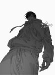  1boy commentary dated drawstring fingernails from_below fushiguro_touji greyscale hand_in_pocket highres hood hood_down hoodie jujutsu_kaisen male_focus monochrome pants red_eyes sashiyu scar scar_on_face scar_on_mouth short_hair signature simple_background solo spot_color twitter_username white_background 