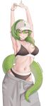  1girl absurdres alternate_costume arknights arknights:_endfield armpits arms_up baseball_cap black_choker black_sports_bra black_sports_panties blush breasts chaisia_art choker collarbone commentary cowboy_shot crossed_bangs english_commentary fluorite_(arknights) green_eyes green_hair green_nails green_tail hair_between_eyes hair_over_shoulder hat heart highres large_breasts lizard_tail long_hair looking_at_viewer nail_polish navel paid_reward_available pants patreon_username presenting_armpit reptile_girl sideboob simple_background smile snake_girl snake_tail solo sports_bra stomach stretching sweatpants tail white_background 