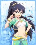  :d aqua_eyes artist_request belt black_hair blue_background bracelet fang ganaha_hibiki hand_on_hip idolmaster idolmaster_(classic) idolmaster_million_live! jewelry long_hair looking_at_viewer midriff million_dreams navel official_art open_mouth pointing pointing_at_self ponytail smile v-shaped_eyebrows 