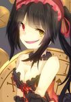  bare_shoulders black_hair breasts cleavage clock clock_eyes date_a_live dress hairband hetaria-dennoru-asaan heterochromia lolita_fashion lolita_hairband long_hair looking_at_viewer red_eyes ribbon smile solo symbol-shaped_pupils tokisaki_kurumi twintails yellow_eyes 