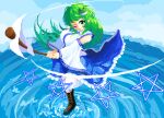  02charaice20 1girl ;) absurdres bare_shoulders blue_skirt blue_sky blue_trim blush_stickers boots breasts brown_boots closed_mouth commentary_request day detached_sleeves floating_hair frilled_skirt frills frog_hair_ornament full_body gohei green_eyes green_hair hair_ornament hands_up highres holding holding_gohei knee_boots kochiya_sanae lace-up_boots large_breasts leg_up long_hair long_sleeves medium_skirt messy_hair one_eye_closed outdoors pentagram pixel_art skirt sky smile solo standing standing_on_liquid standing_on_one_leg swinging_gohei thighhighs touhou veil water white_sleeves white_thighhighs white_trim white_veil wide_sleeves 