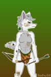2:3 abs animal_print anthro arrow_(weapon) athletic athletic_female bottomwear bow_(weapon) breasts brown_eyes canid canine canis clothed clothing dirty female fur grey_hair hair hi_res leaf leaf_in_fur leaf_on_head loincloth mammal navel panties pine_needles ranged_weapon scoutthecat02 sigma_(scoutthecat02) solo stick tail tiger_print topless underwear weapon white_body white_fur wolf