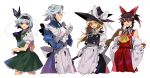  4girls apron ascot black_ascot black_hairband blonde_hair bow braid brown_eyes brown_hair collared_shirt commentary_request detached_sleeves frilled_bow frilled_skirt frills fuuga_(perv_rsity) green_bow green_skirt green_vest grey_hair hair_bow hair_tubes hairband hakurei_reimu hat hat_bow highres hitodama izayoi_sakuya kirisame_marisa konpaku_youmu konpaku_youmu_(ghost) long_hair long_sleeves maid maid_apron maid_headdress multiple_girls open_mouth playable_command_(touhou) puffy_short_sleeves puffy_sleeves red_bow red_skirt shirt short_sleeves side_braid single_braid skirt skirt_set smile touhou vest waist_apron white_bow white_shirt wide_sleeves witch_hat yellow_ascot yellow_eyes 