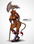  axe big_breasts breasts cleavage clothed clothing corruption_of_champions excellia_(coc) female horn huge_breasts minotaur mugenillustrations scar smile solo tattoo weapon 