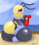 absurd_res antennae_(anatomy) anthro arthropod arthropod_abdomen beach bee big_bulge big_butt black_body blush bucket bulge bulge_from_behind butt clothing cloud container femboy hi_res holding_object hphoenixk huge_butt hymenopteran hyper hyper_butt insect looking_at_viewer looking_back male multicolored_body neck_tuft outside purple_eyes rear_view sand sand_on_butt sea shovel sitting solo striped_abdomen stripes swimwear tools tuft two_tone_body water wings yellow_body