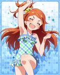  ^_^ armpits artist_request bare_shoulders brown_hair closed_eyes hair_ornament idolmaster idolmaster_million_live! long_hair official_art one-piece_swimsuit one_side_up oogami_tamaki open_mouth smile solo swimsuit 