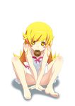 bakemonogatari bare_shoulders barefoot between_legs blonde_hair blush_stickers body_blush covering covering_crotch doughnut dress eating fang feet food full_body golden_chocolate hand_between_legs highres long_hair long_legs looking_at_viewer monogatari_(series) mouth_hold no_panties oshino_shinobu pointy_ears ribbon shadow shiny shiny_hair simple_background sitting solo tanabe_kyou translucent_hair white_background yellow_eyes 